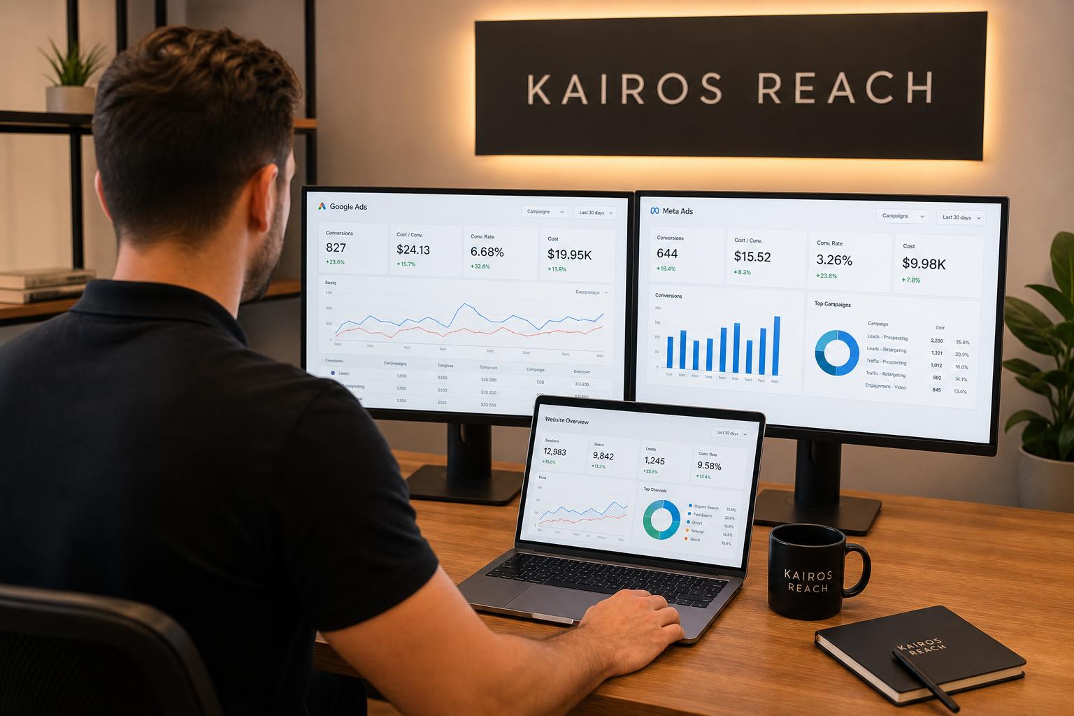 Business owner reviewing a marketing analytics dashboard on a monitor in the office