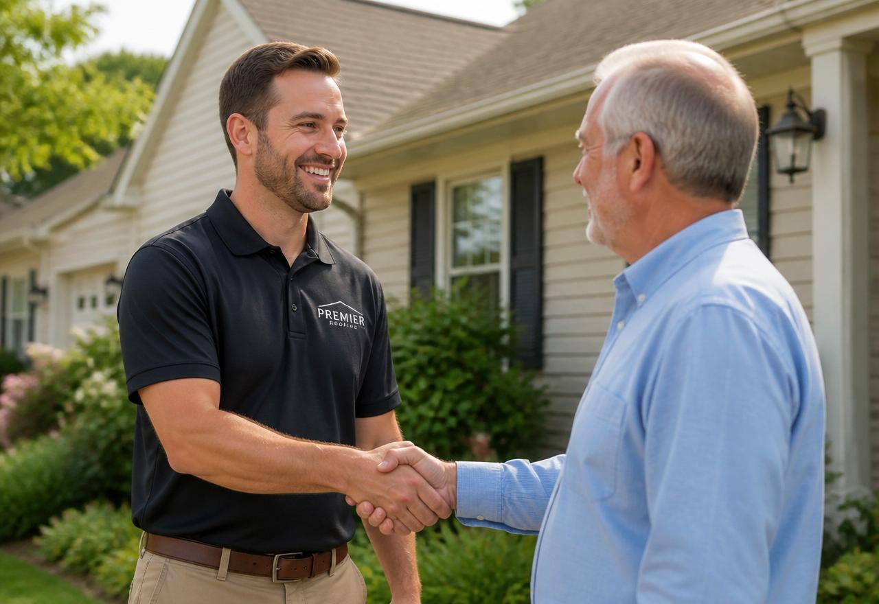 Service business representative shaking hands with a homeowner outside their house after a quote