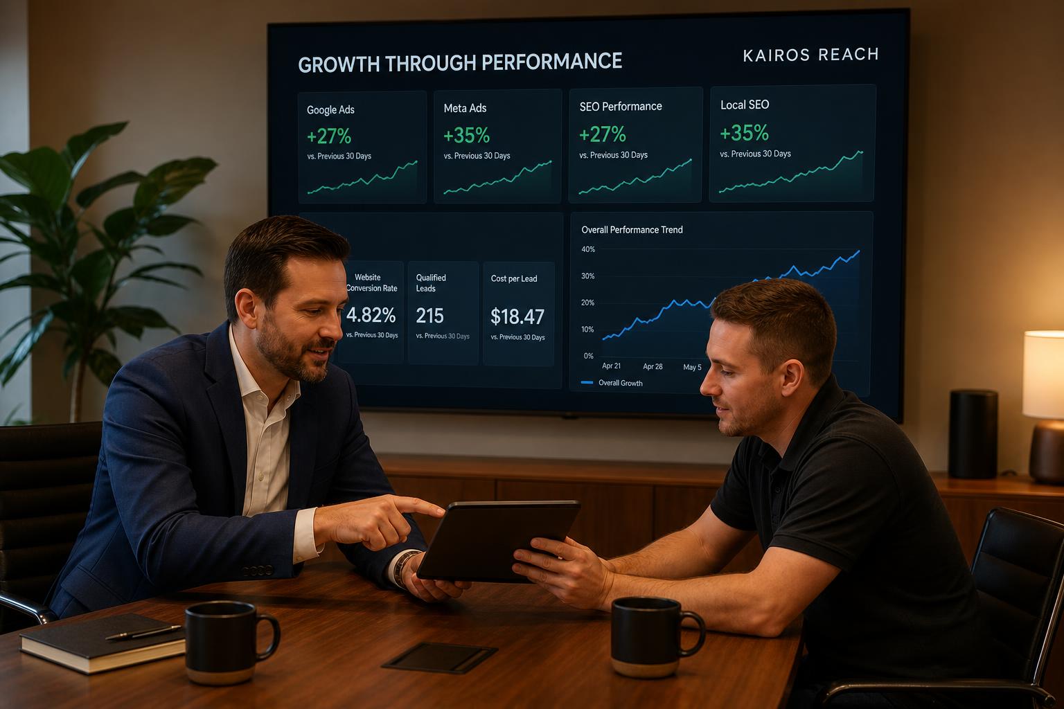 Marketing strategist and home service business owner reviewing a growth plan together on a tablet