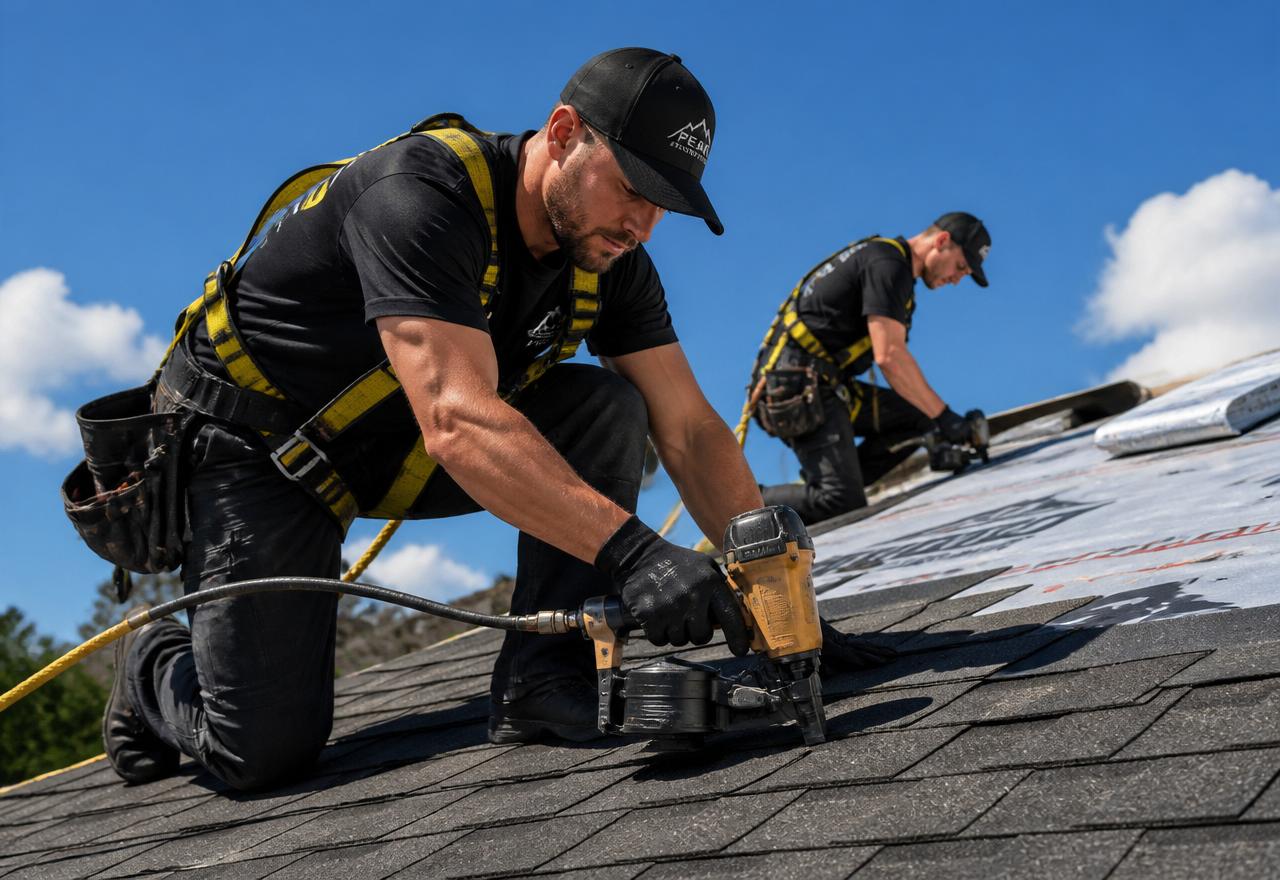 Home service technicians in safety gear working on a residential property
